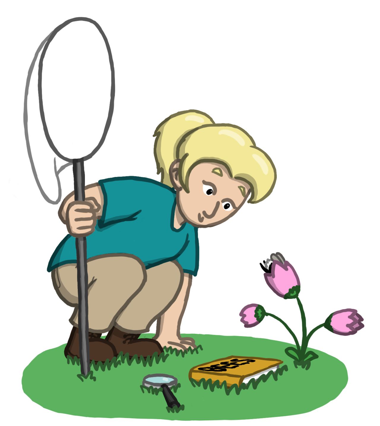 An entomologist observing a bumblebee in a flower.