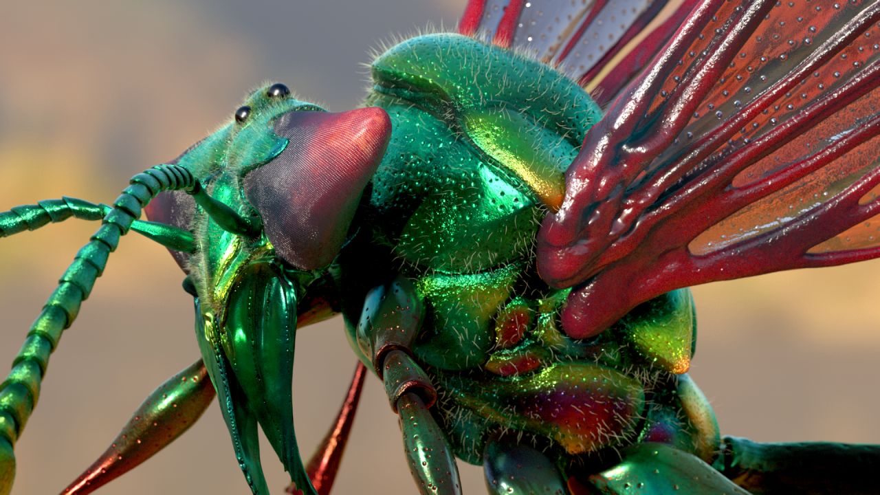 A sci-fi insect, created by combining different wasp species.