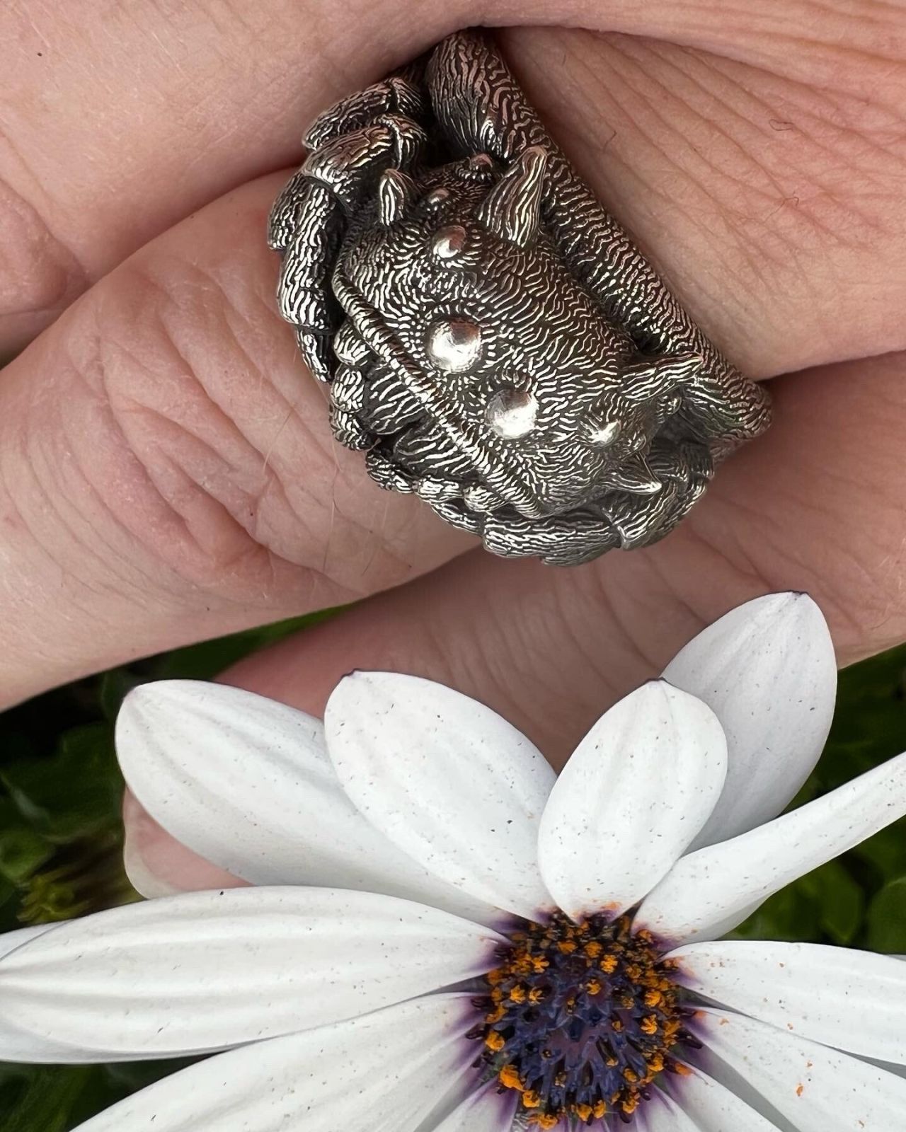 A jumping spider ring cast in sterling silver.