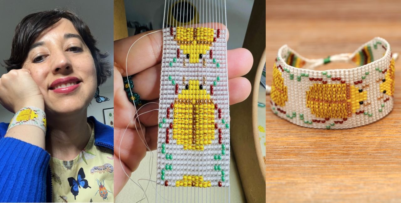 Vivian und ihr handgefertigtes Perlenarmband mit einem “Weihnachtskäfer” (Christmas beetle).