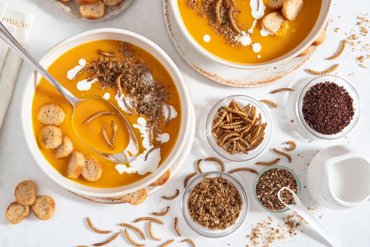 Pumpkin soup with mealworms in it