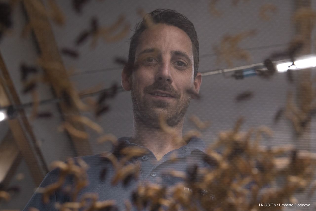 A farmer in the Netherlands, photographed through a mesh holding mealworms.